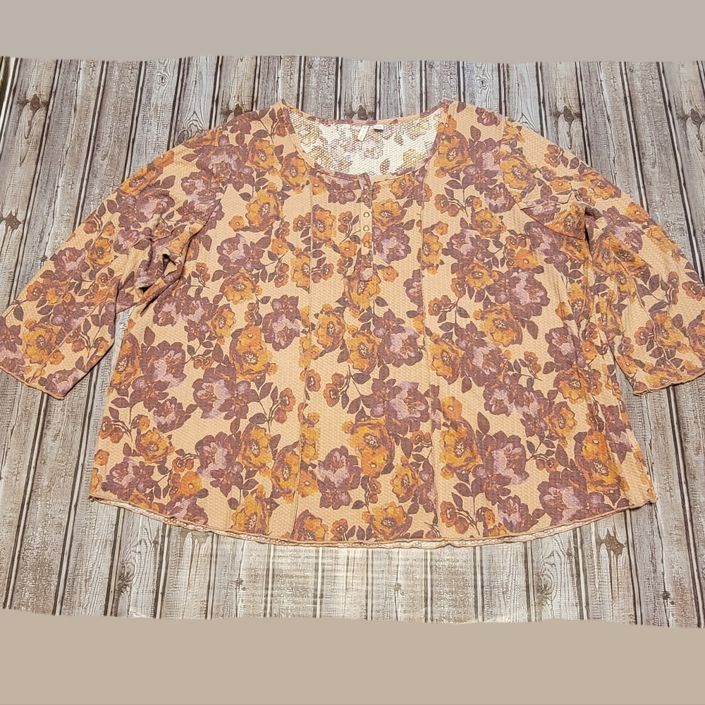 Cato Orange & Purple Floral Print 3/4 Length Sleeve Henley Top Size 26/28W